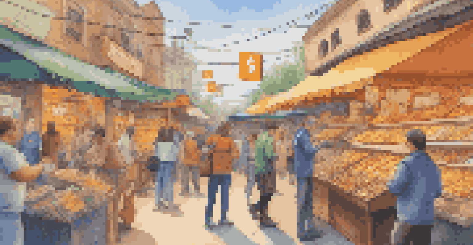 A digital marketplace scene with users exchanging diverse products and cryptocurrency elements in a vibrant environment.
