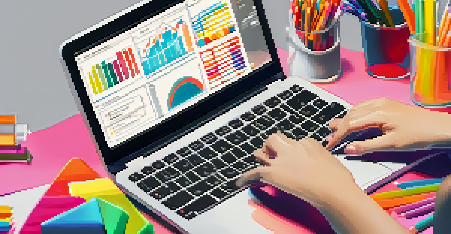 A close-up of a student's hands on a laptop with a screen showing academic performance analytics, surrounded by colorful stationery.
