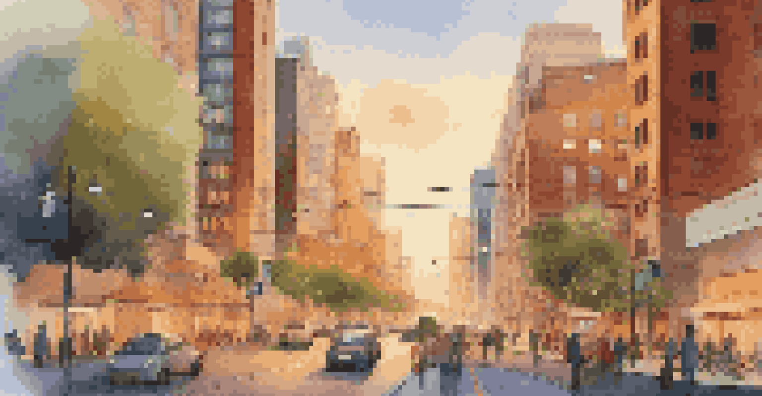 A smart city with connected traffic lights and people using mobile devices during sunset.