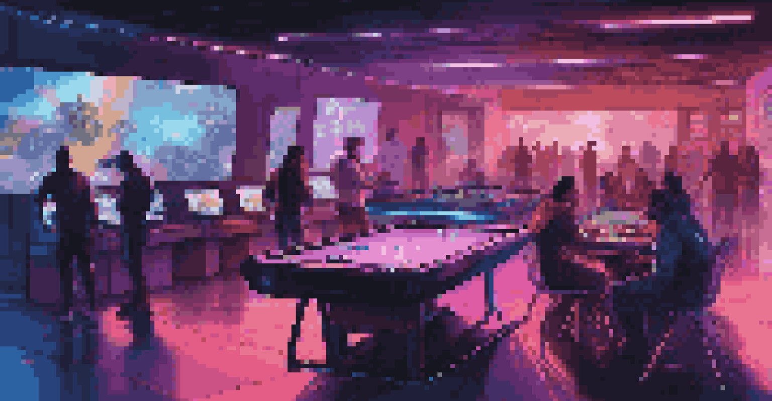 A futuristic gaming lounge with high-tech stations, neon lights, and players engaged in gaming.