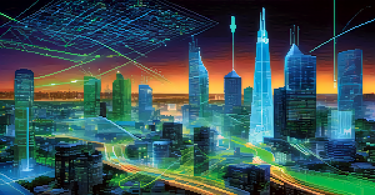 An abstract view of predictive analytics with a futuristic city skyline, glowing data streams, and digital graphs.