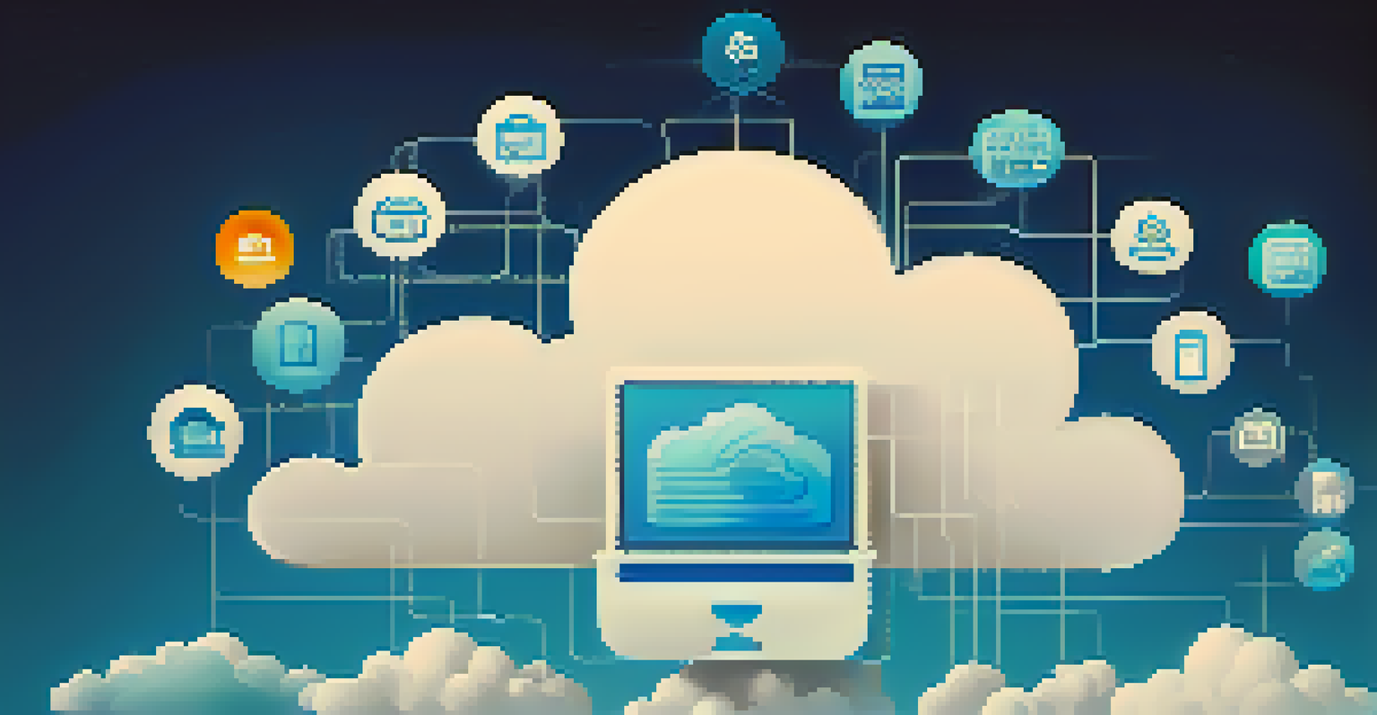 A cloud symbol with icons for different SaaS applications against a gradient background.