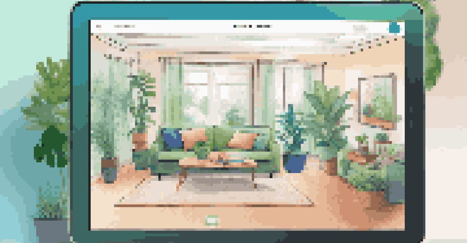A tablet displaying an interactive onboarding tutorial with colorful illustrations, held by a user in a cozy living room.