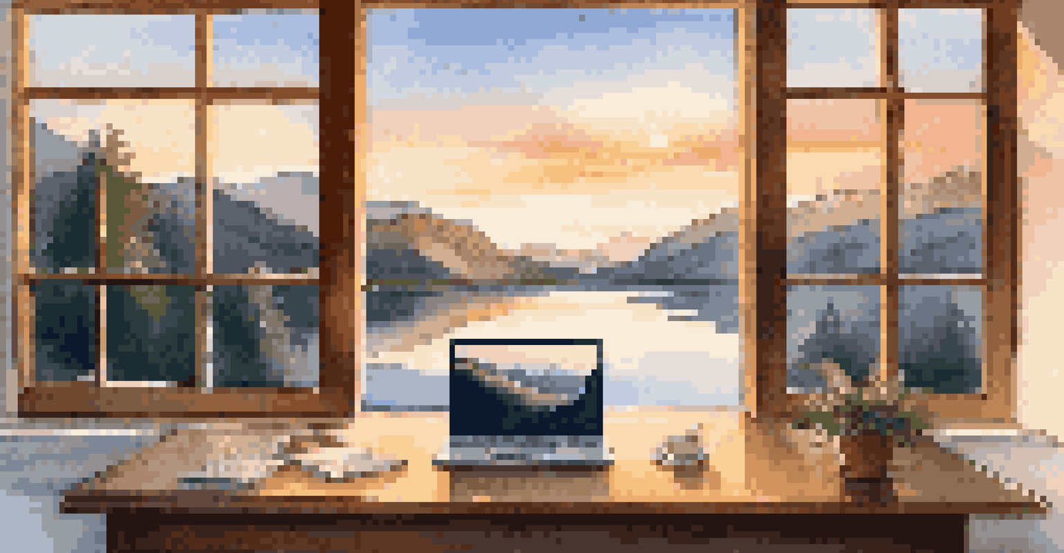 A tranquil workspace with a laptop on a table, overlooking mountains and a lake at sunset, providing a calming remote work environment.