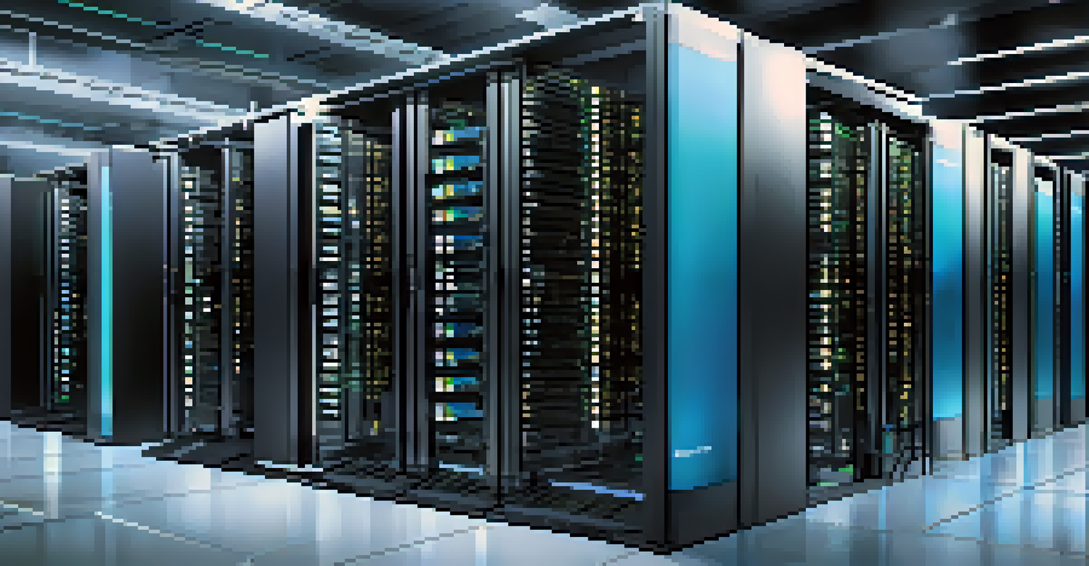 A close-up view of a server rack in a dimly lit data center, showcasing sleek servers with blinking lights and organized cables.