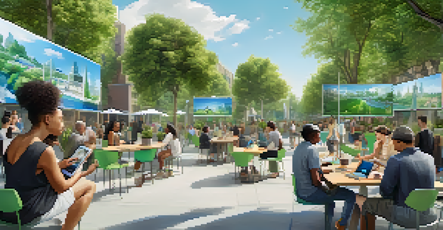 A diverse community using 5G technology in an outdoor space with greenery.