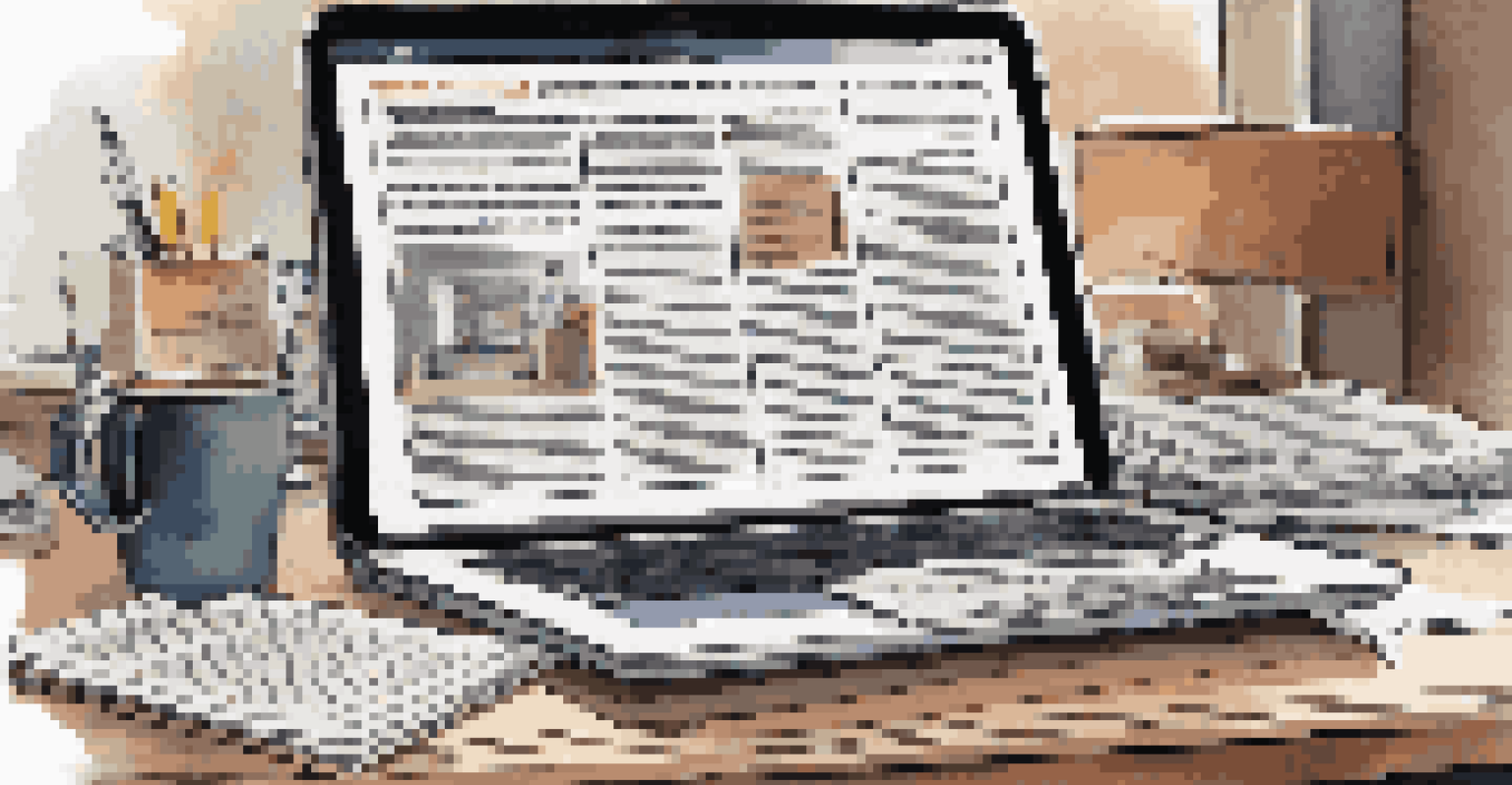 An open laptop on a cluttered desk showing a news article in progress, surrounded by notebooks and a cup of coffee.