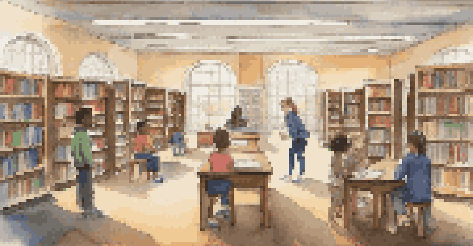 A teacher assisting a small group of students in a cozy library, surrounded by books and technology, highlighting a blend of traditional and modern learning.