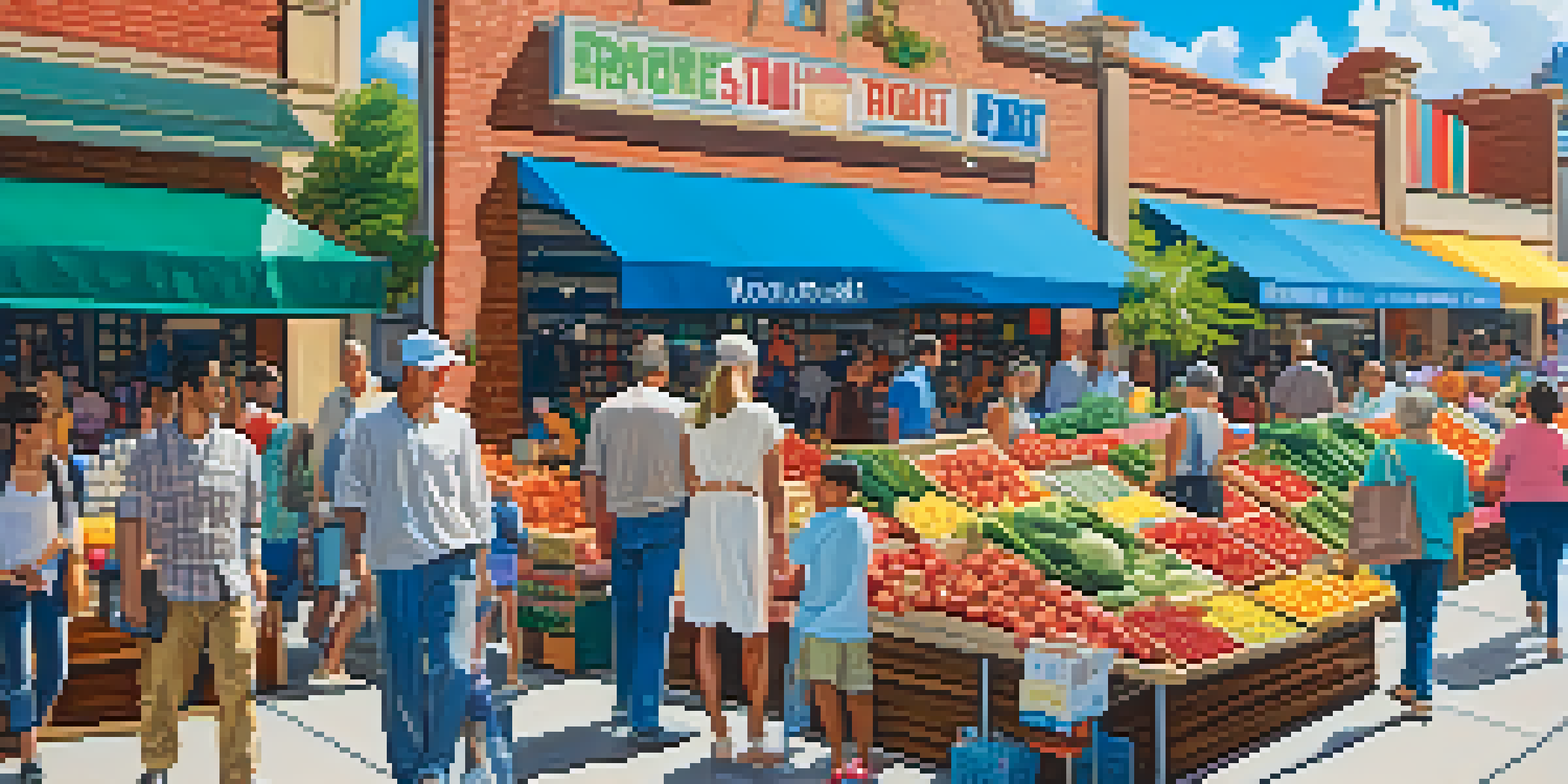 A lively marketplace with diverse shoppers including young professionals, parents, and seniors, surrounded by colorful stalls of produce and goods under a bright sky.
