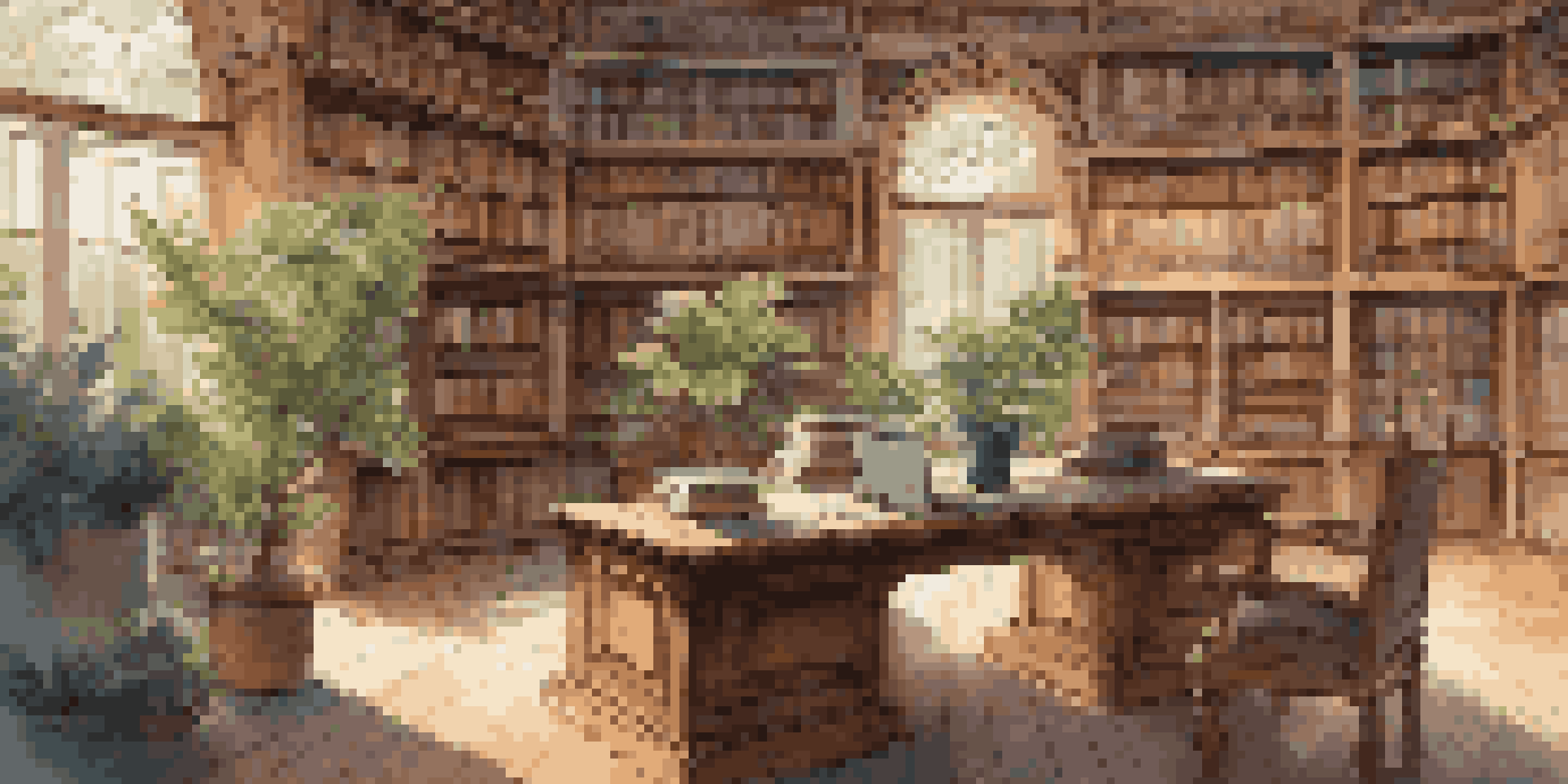 A cozy library with warm lighting, wooden furniture, and a table covered with a laptop and papers, representing data organization.