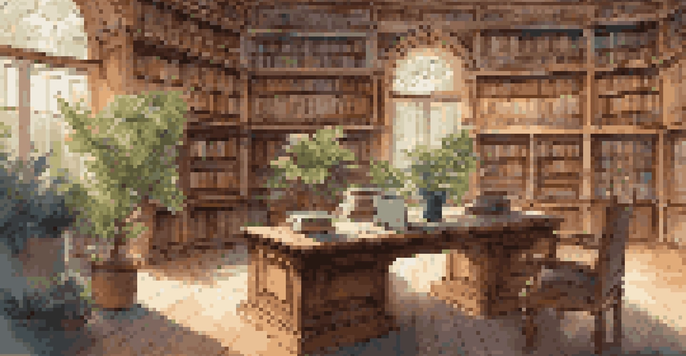 A cozy library with warm lighting, wooden furniture, and a table covered with a laptop and papers, representing data organization.