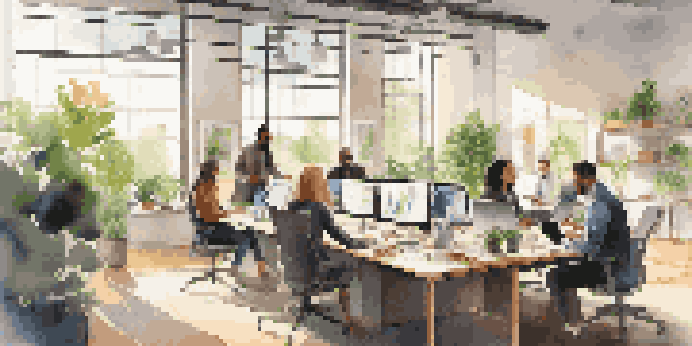 A diverse group of professionals working together in a bright, modern office setting with large windows and plants.