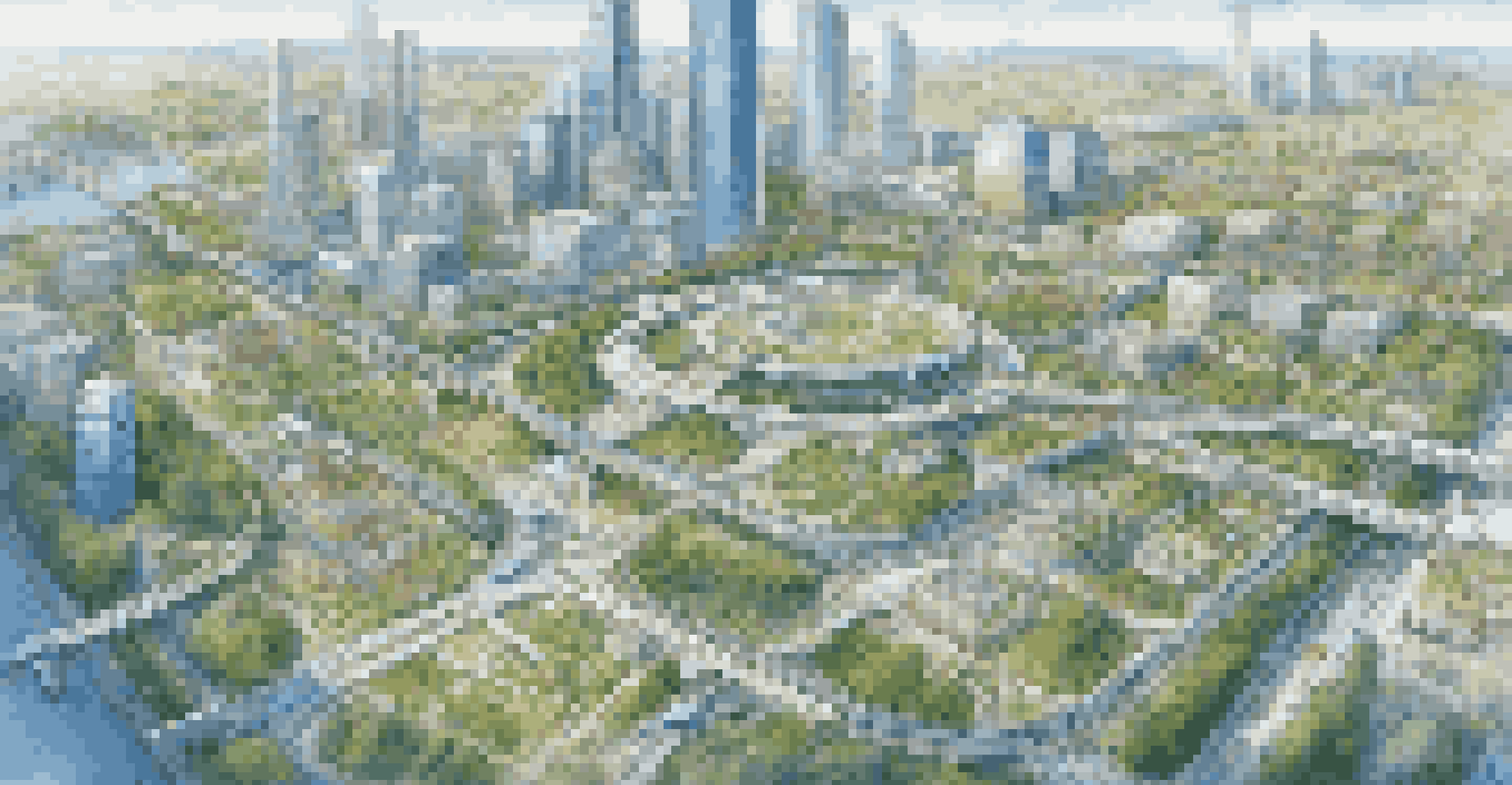 Aerial view of a smart city with buses and electric vehicles on defined routes, glowing lines indicating data flow, surrounded by greenery and sustainable buildings.