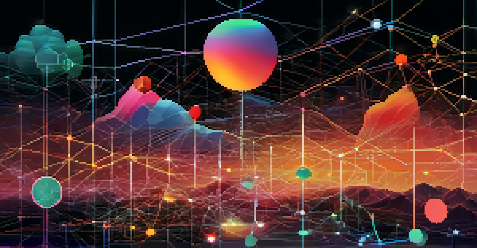 An abstract digital landscape showing interconnected nodes and icons representing open source software tools.