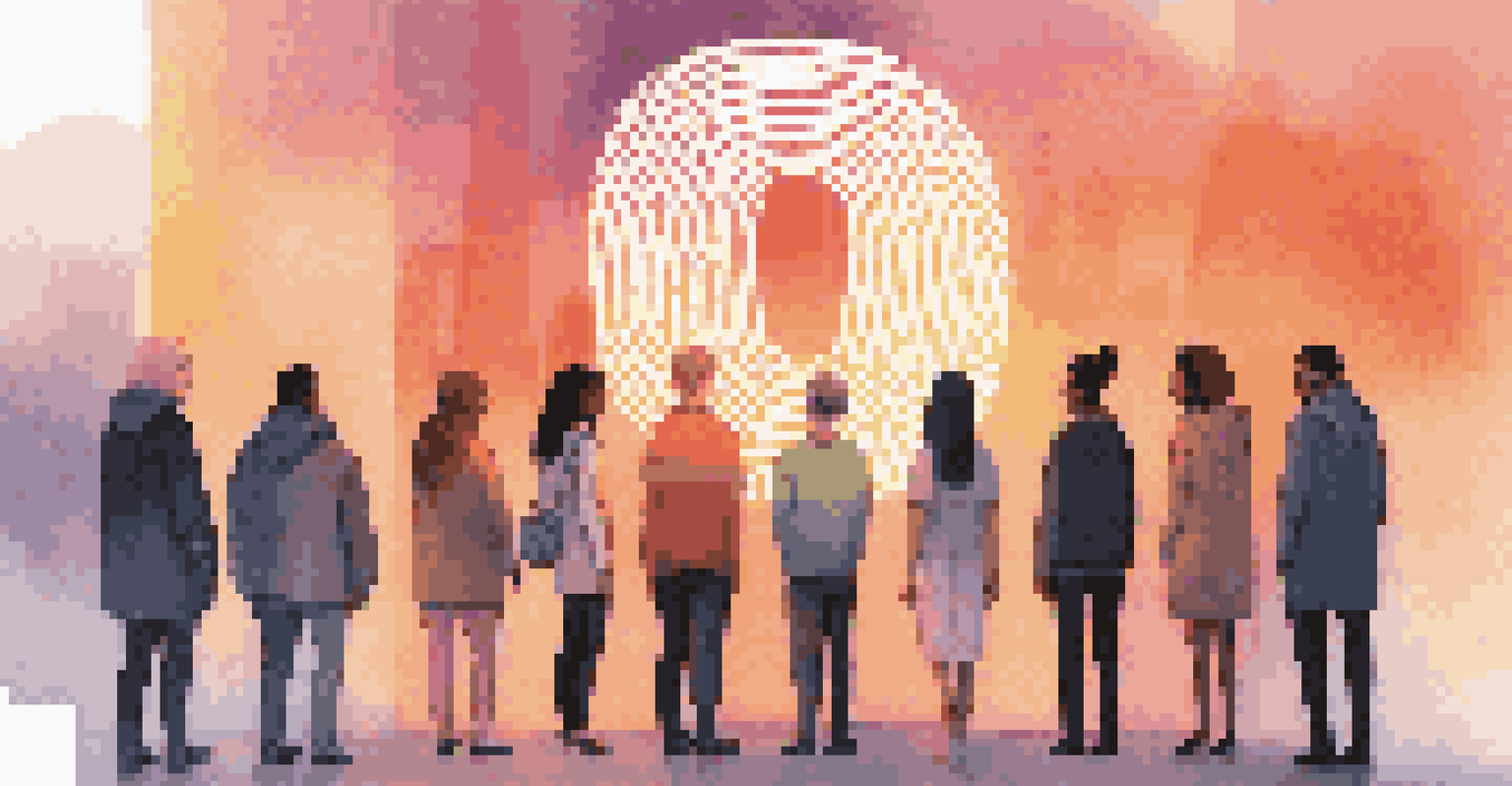 A diverse group of individuals with glowing biometric symbols above their heads, set in a modern urban environment during sunset, symbolizing consent and technology.