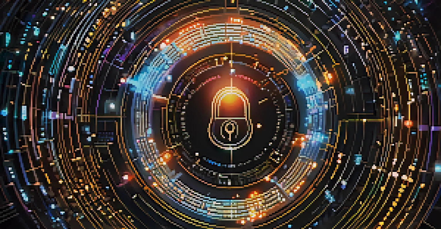 An abstract digital lock surrounded by binary code, symbolizing cybersecurity in decentralized ledgers against a dark background.