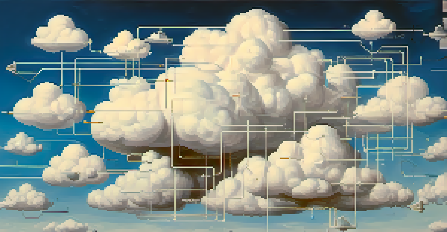 An abstract image showcasing fluffy clouds mixed with digital symbols representing data security and cloud storage.