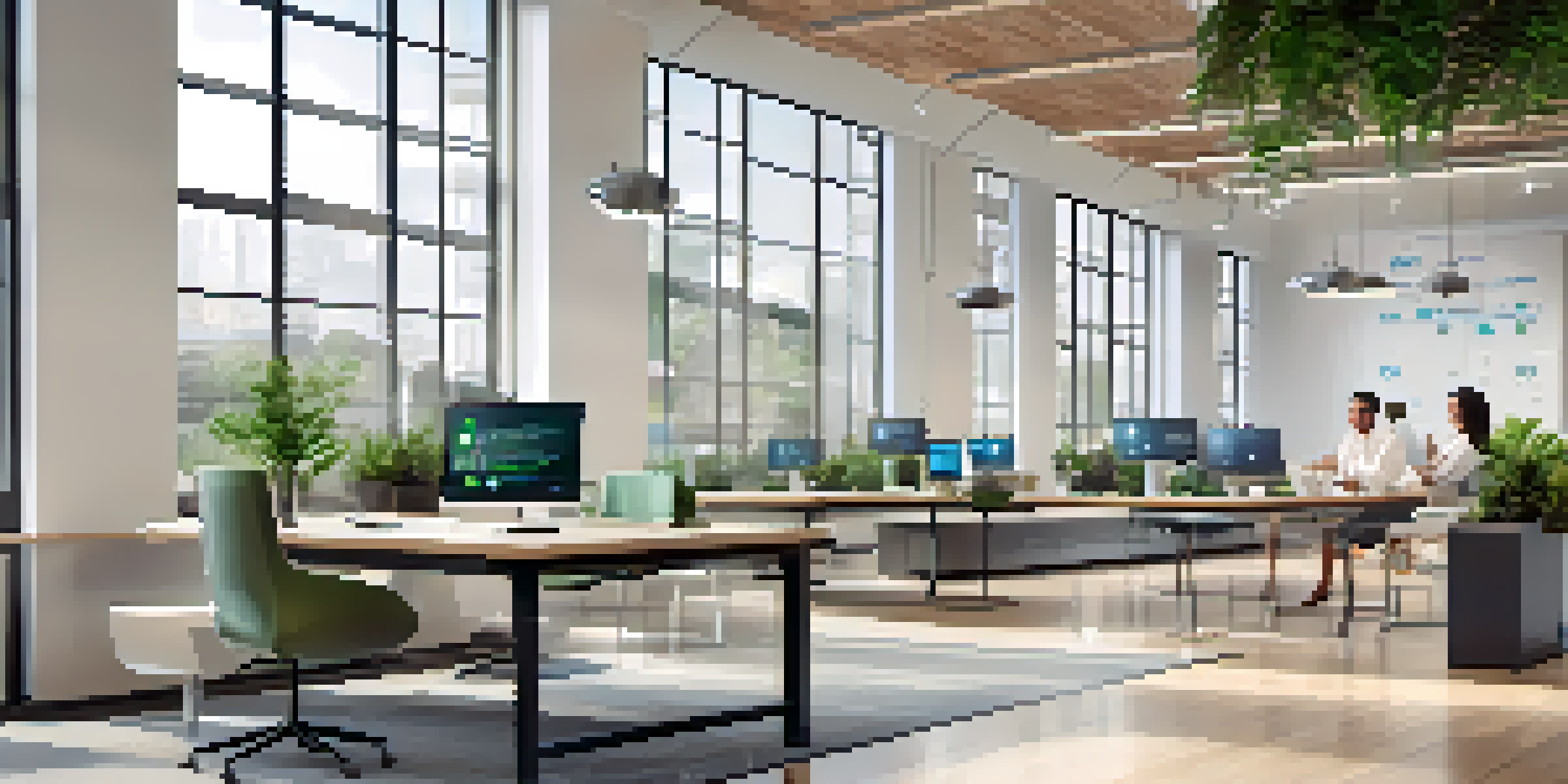A modern office space featuring IoT devices, employees collaborating, and a bright, welcoming environment.