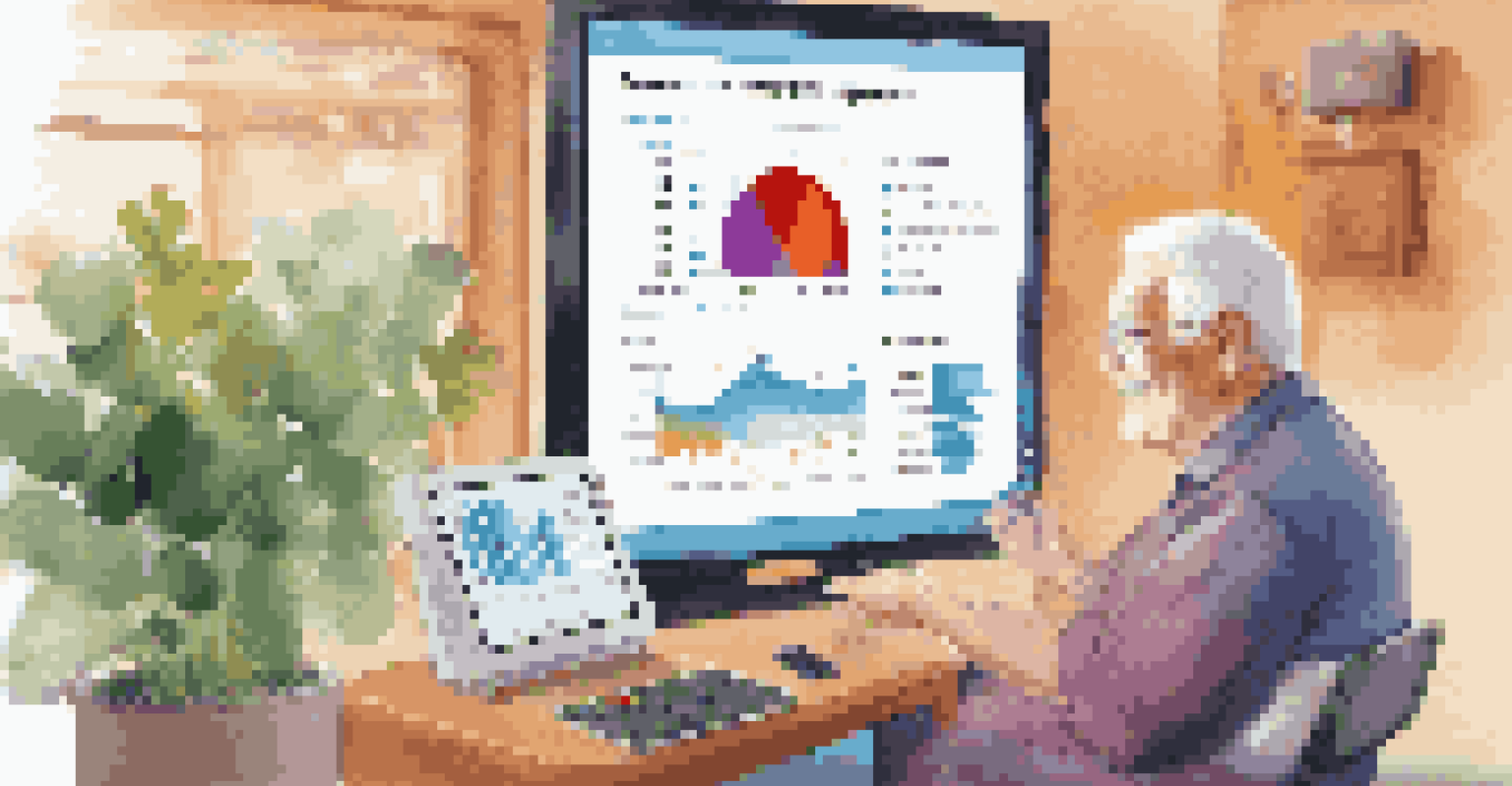 An elderly patient tracking health metrics on a tablet in a doctor's office, with colorful graphs displayed on the screen.