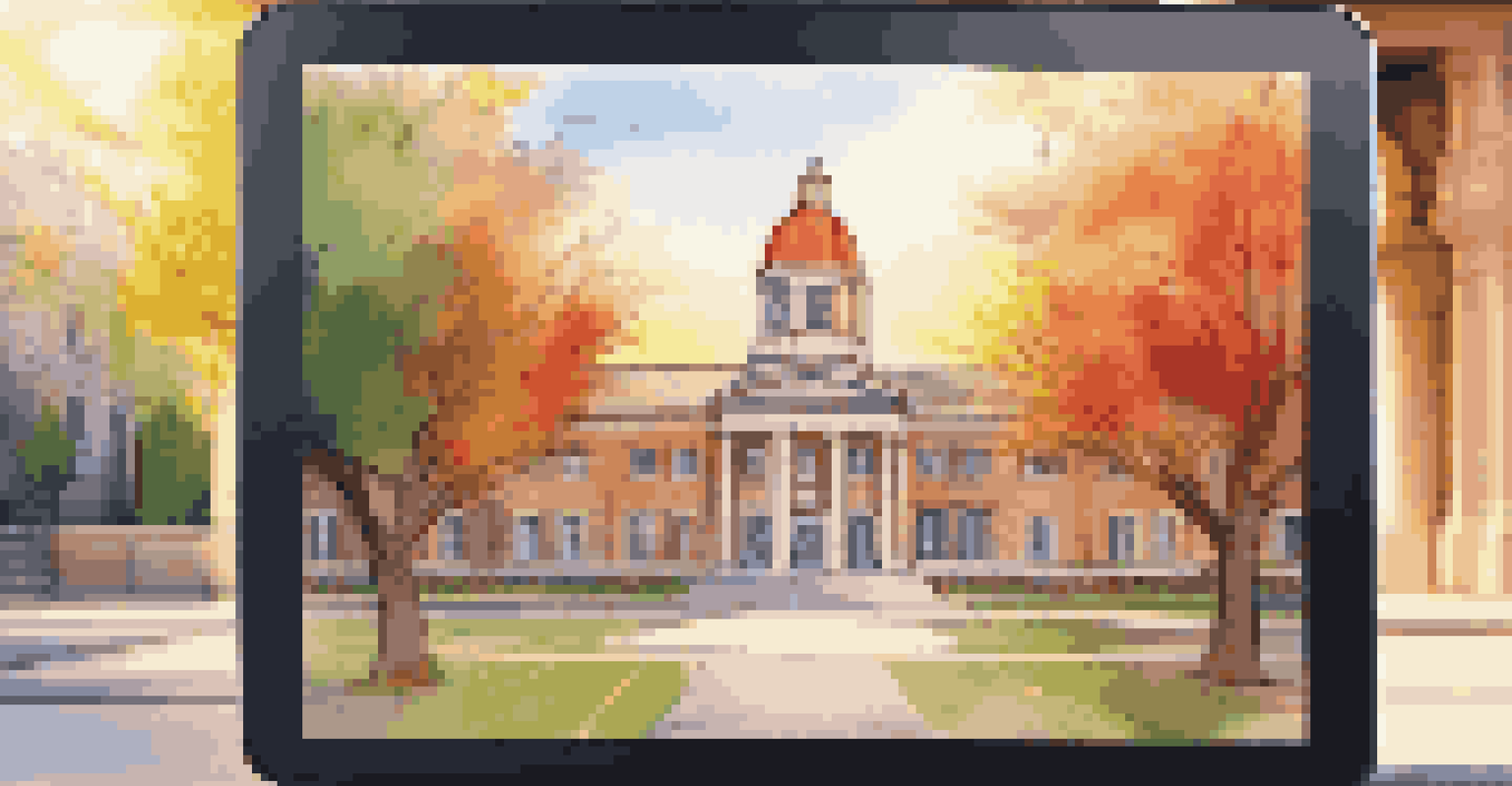 A tablet displaying a digital diploma with a blurred university campus in the background, symbolizing modern education.