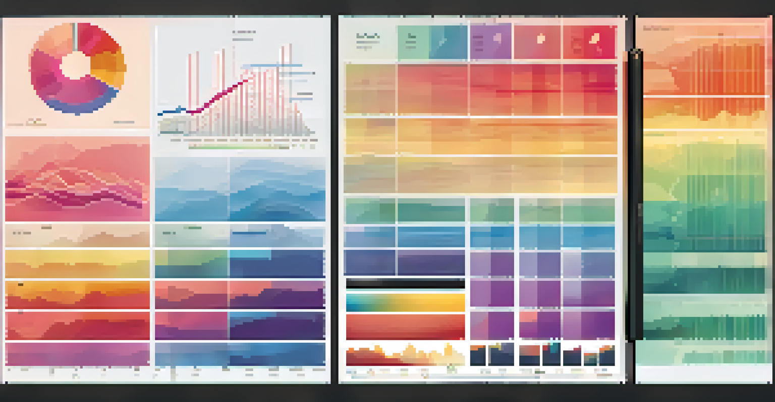 An artistic layout displaying various types of data visualizations like bar graphs, pie charts, and heat maps against a soft gradient background.