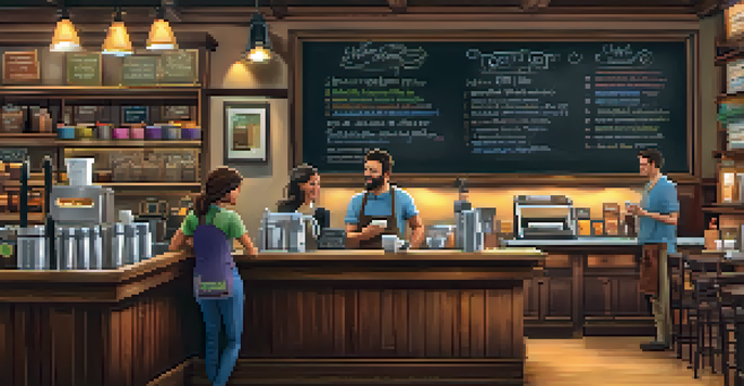 A warm coffee shop with a barista serving coffee to a customer, showcasing a friendly and inviting environment.