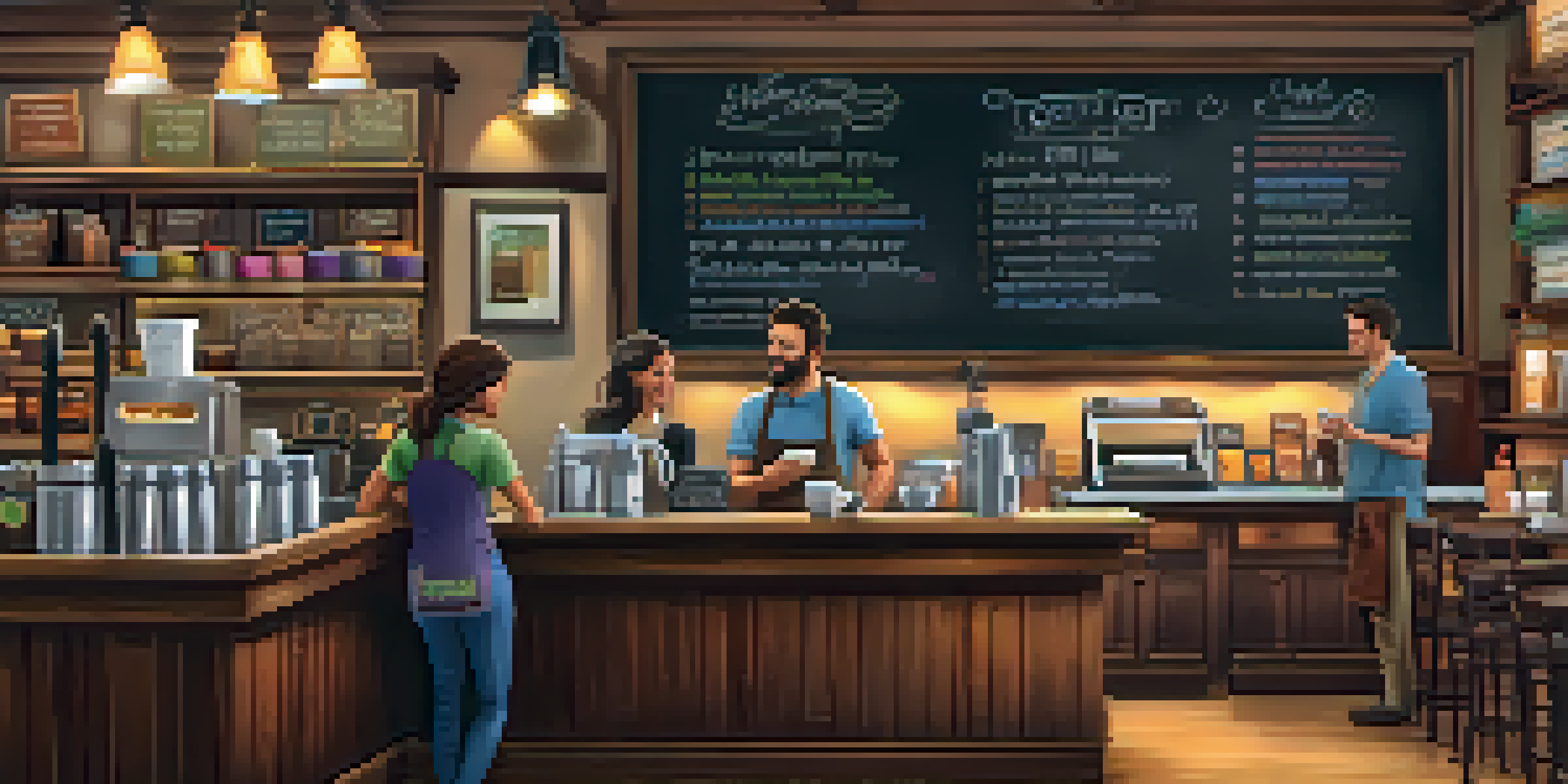 A warm coffee shop with a barista serving coffee to a customer, showcasing a friendly and inviting environment.