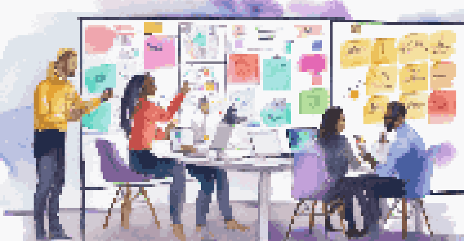A diverse team of professionals brainstorming around a whiteboard filled with sticky notes, analyzing marketing strategies.
