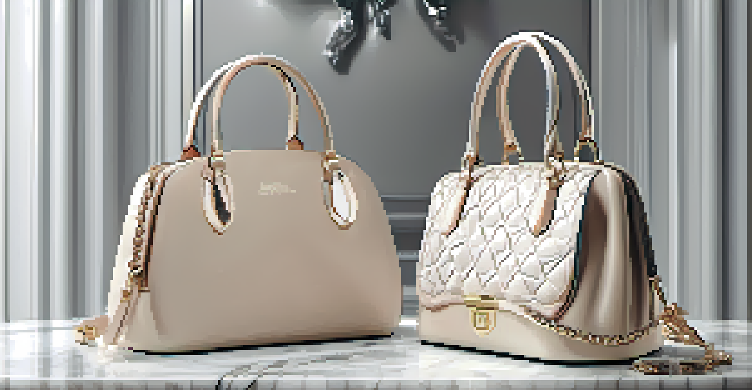 A luxury handbag on a marble surface with a digital certificate of authenticity beside it, showcasing its elegant design.