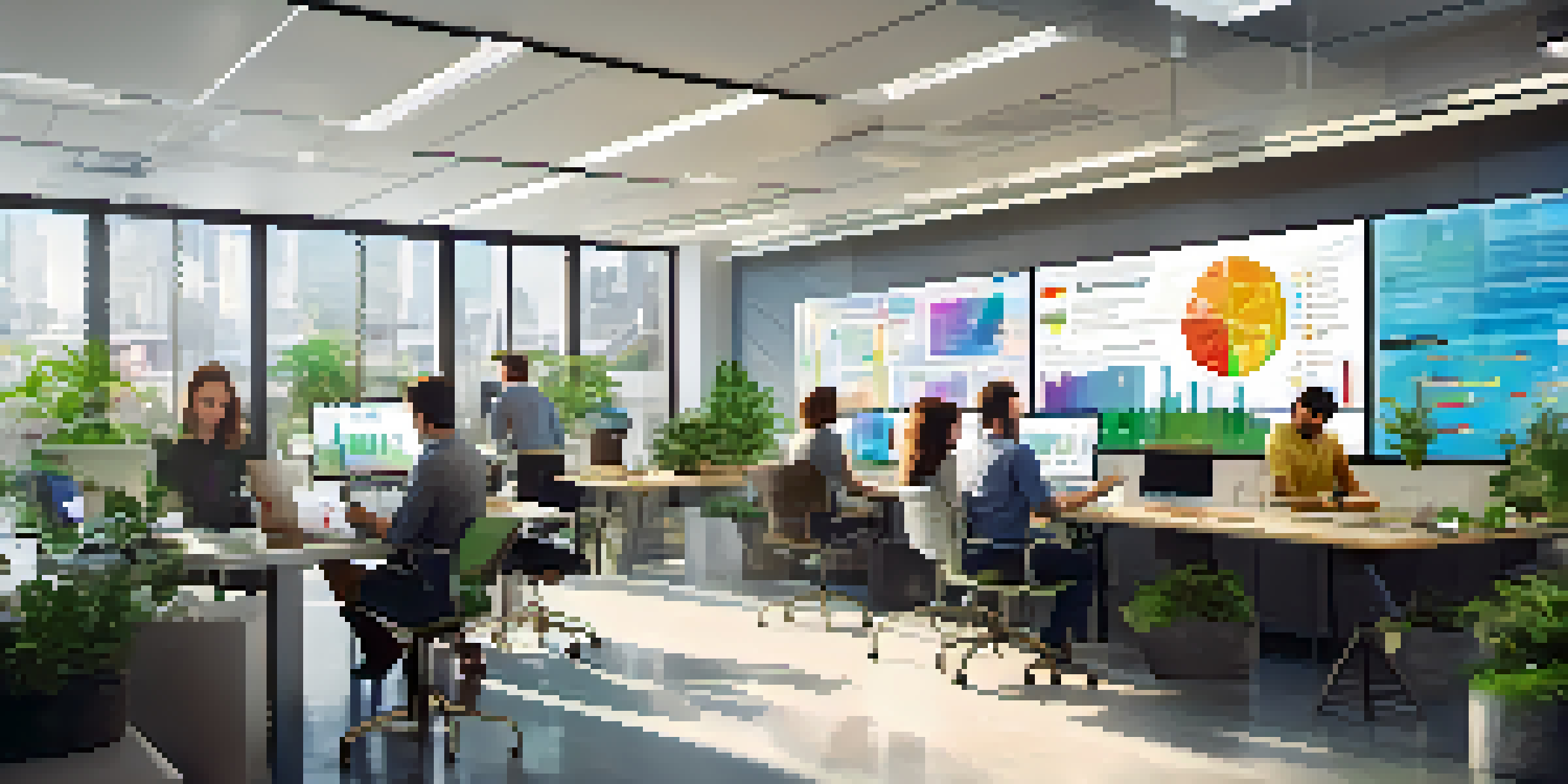 A modern office with diverse professionals collaborating, laptops and digital screens displaying data.