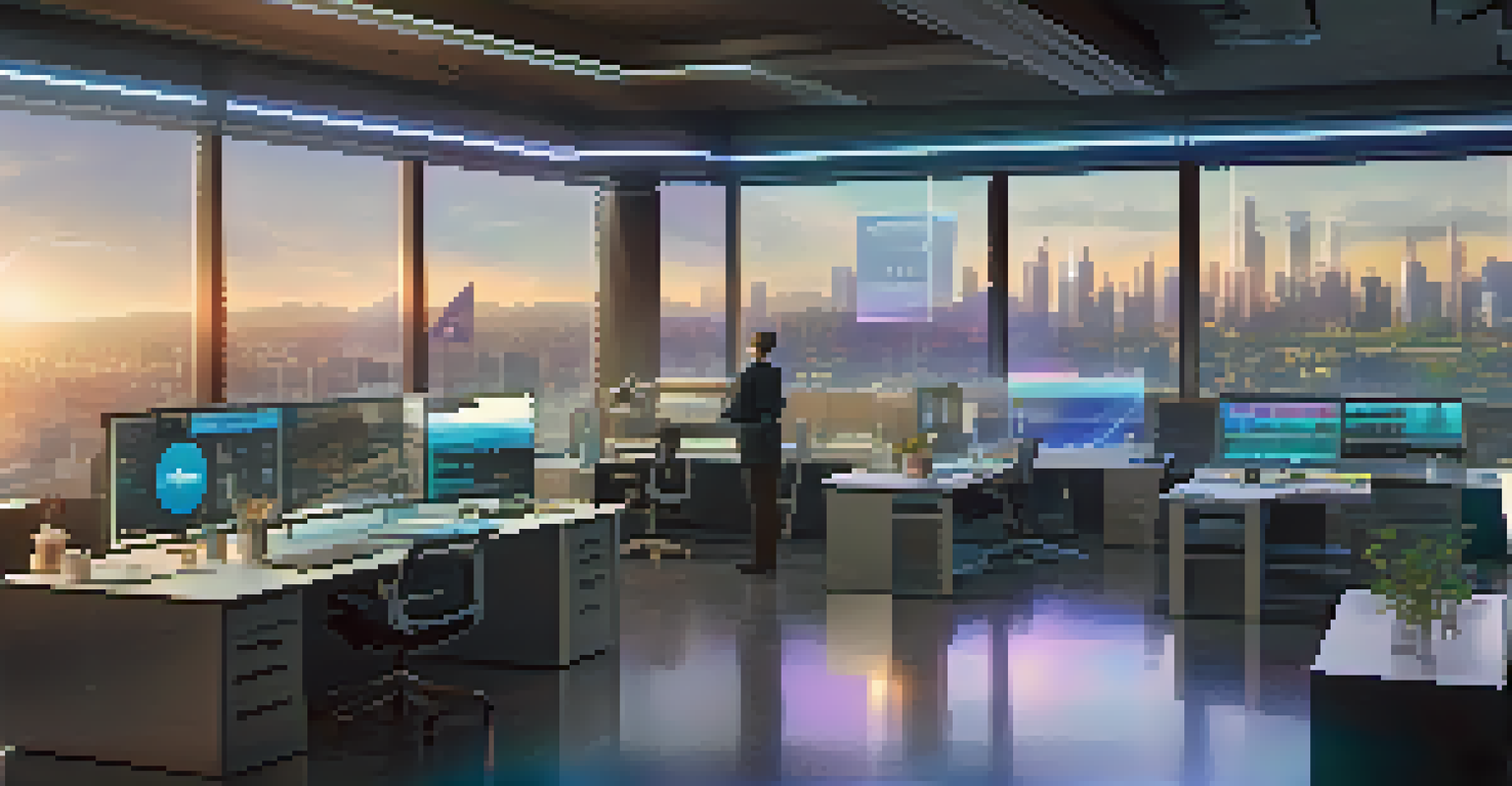 A modern office workspace showcasing AI technology with holograms and a laptop, illuminated by soft ambient light.