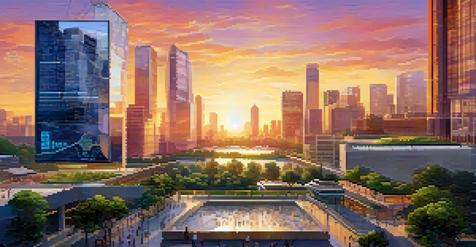 A diverse group of professionals working together around a digital screen that displays code and graphs, with a modern city skyline in the background during sunset.