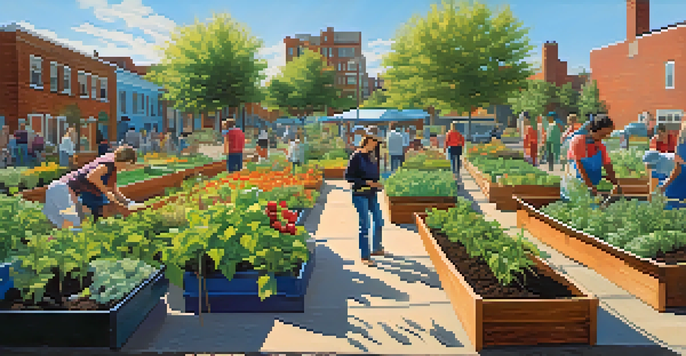 A diverse group of people engaged in a community garden, surrounded by colorful plants and flowers under a sunny sky.