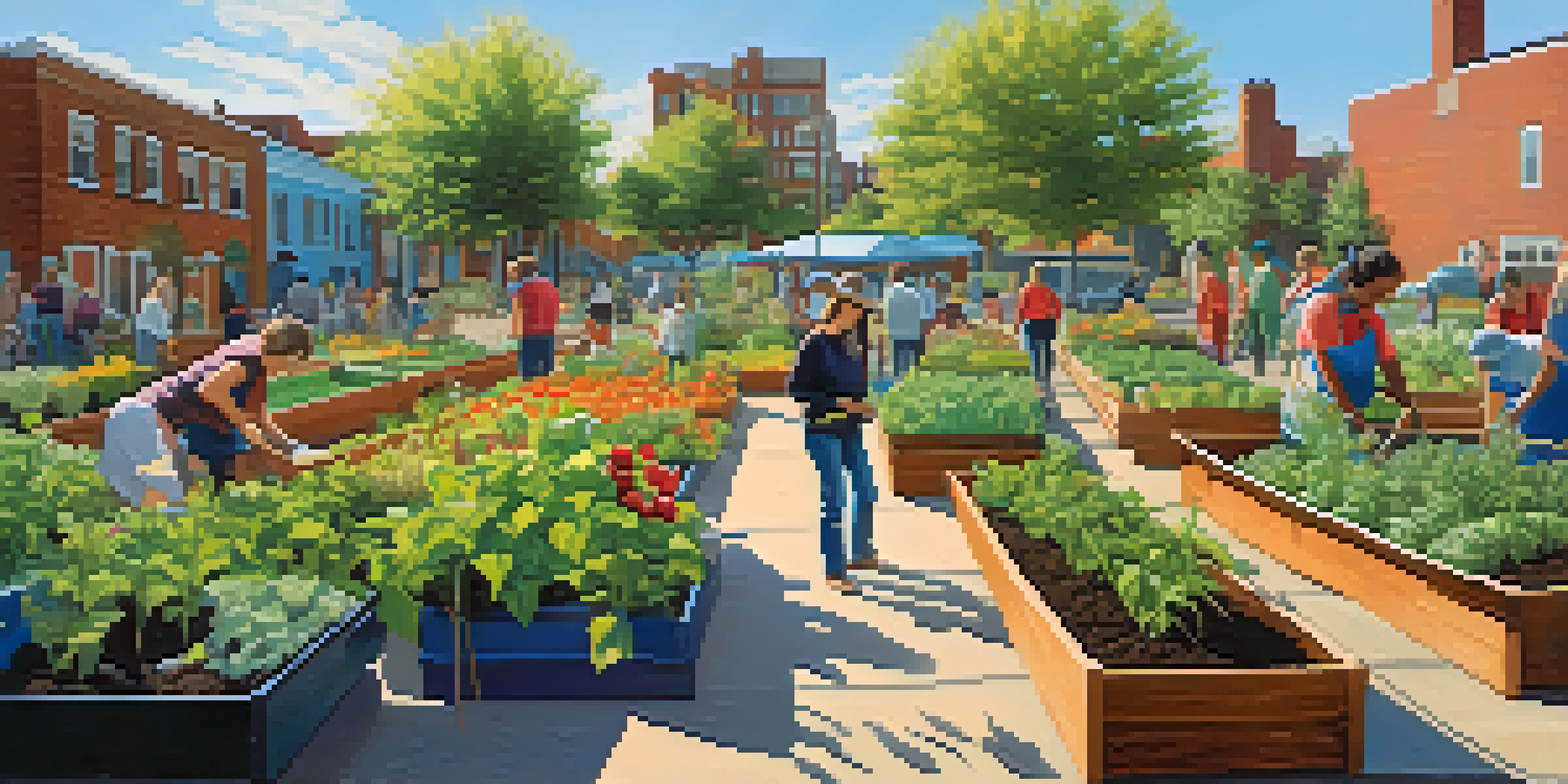 A diverse group of people engaged in a community garden, surrounded by colorful plants and flowers under a sunny sky.