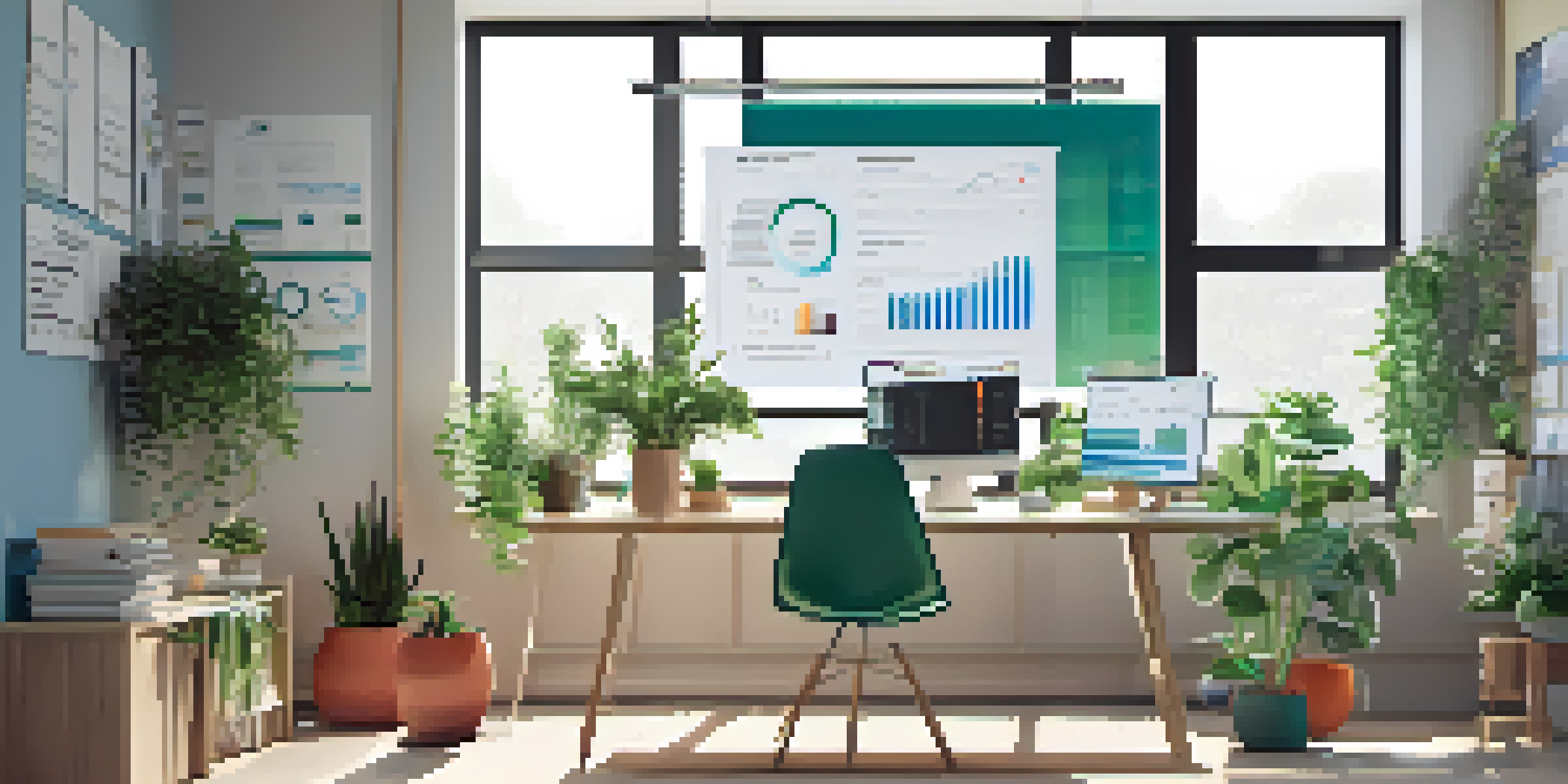 A bright and organized workspace with a laptop displaying a SaaS application, surrounded by plants and a whiteboard filled with graphs and charts.