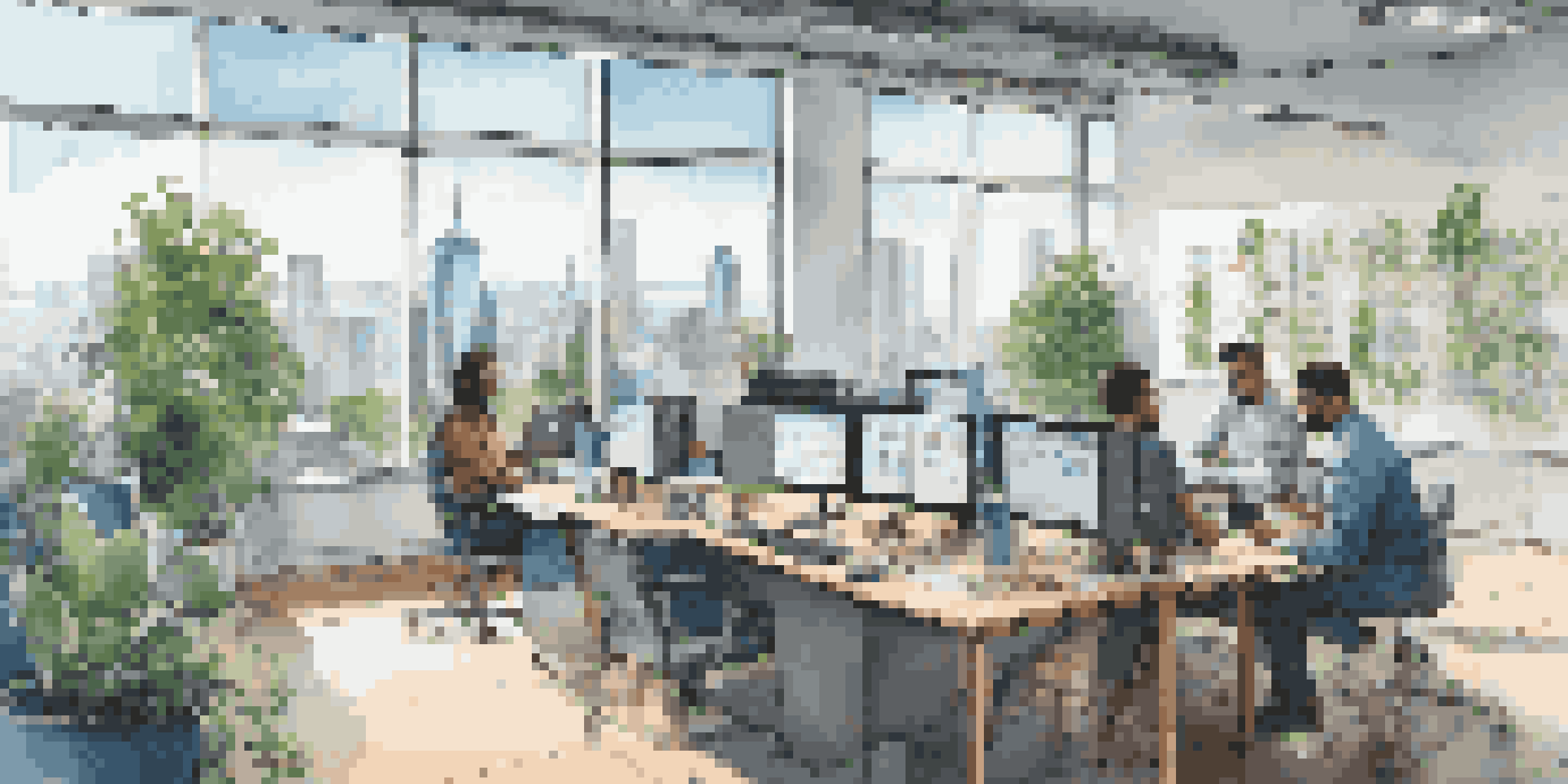 A diverse team of professionals collaborating in a bright office workspace with a city skyline view, discussing test automation tools.