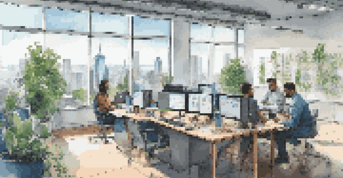 A diverse team of professionals collaborating in a bright office workspace with a city skyline view, discussing test automation tools.