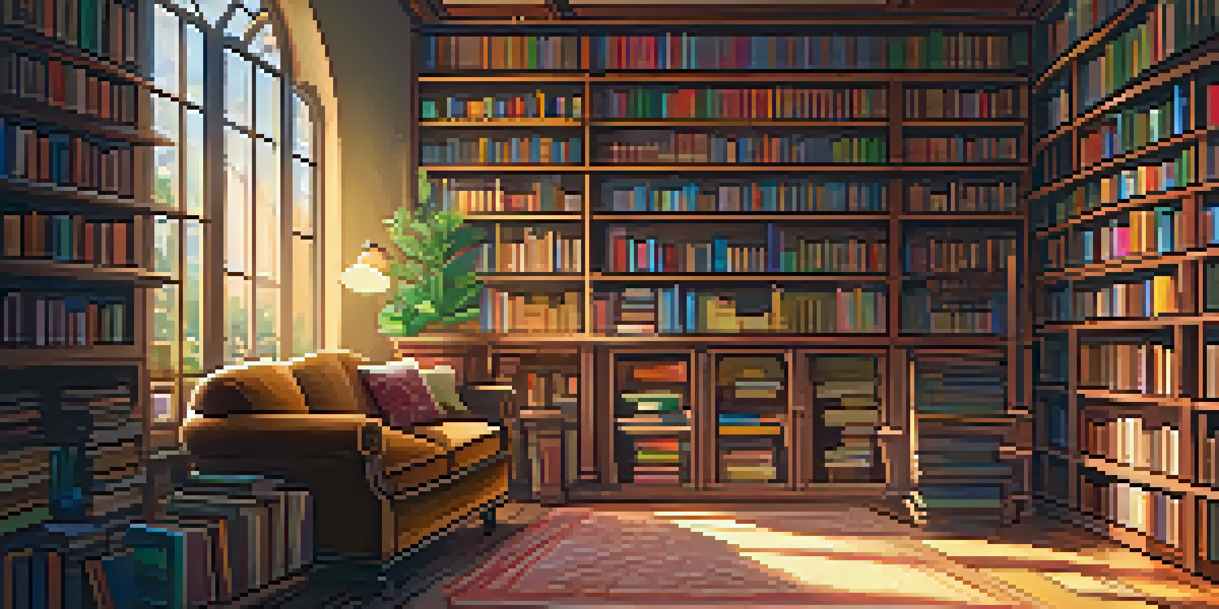 A warm and inviting bookstore with wooden shelves full of colorful books, a cozy reading nook with a plush armchair, and sunlight streaming through large windows.
