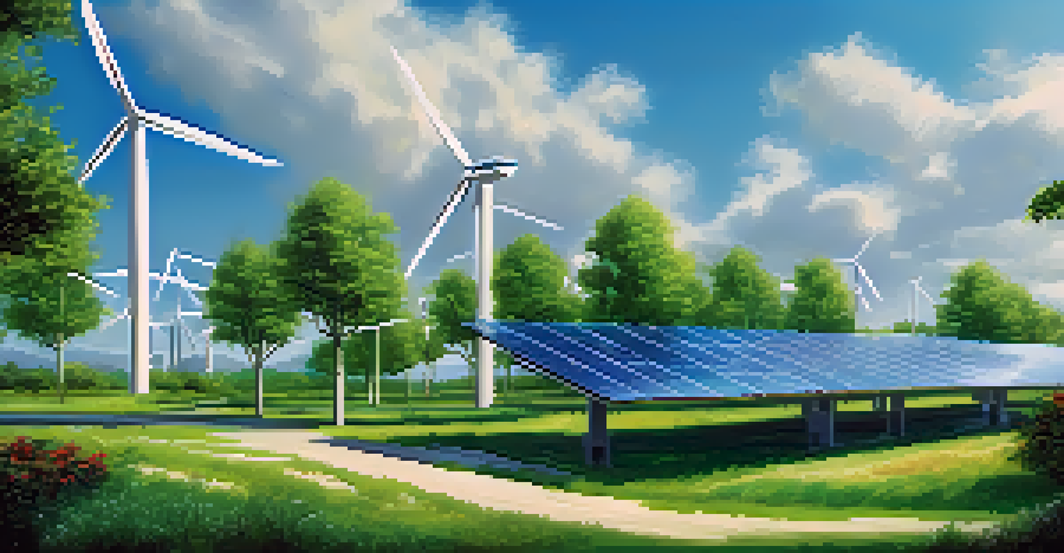 A green technology company with solar panels and wind turbines in a lush landscape, representing sustainability and innovation.
