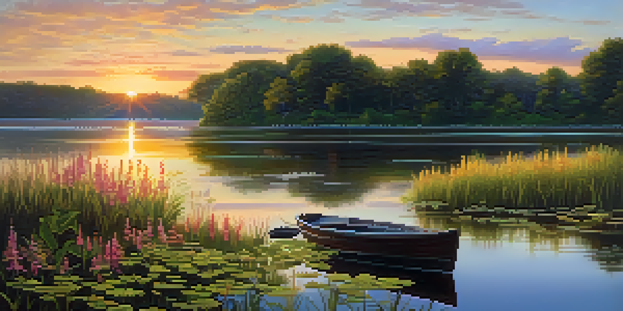 A peaceful lake at sunset, bordered by green trees and colorful flowers, with a small wooden boat on the water.