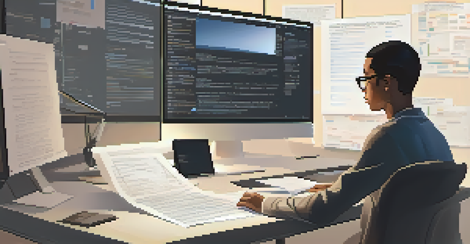 A person at a computer reviewing a migration strategy document, in a modern and minimalist workspace.
