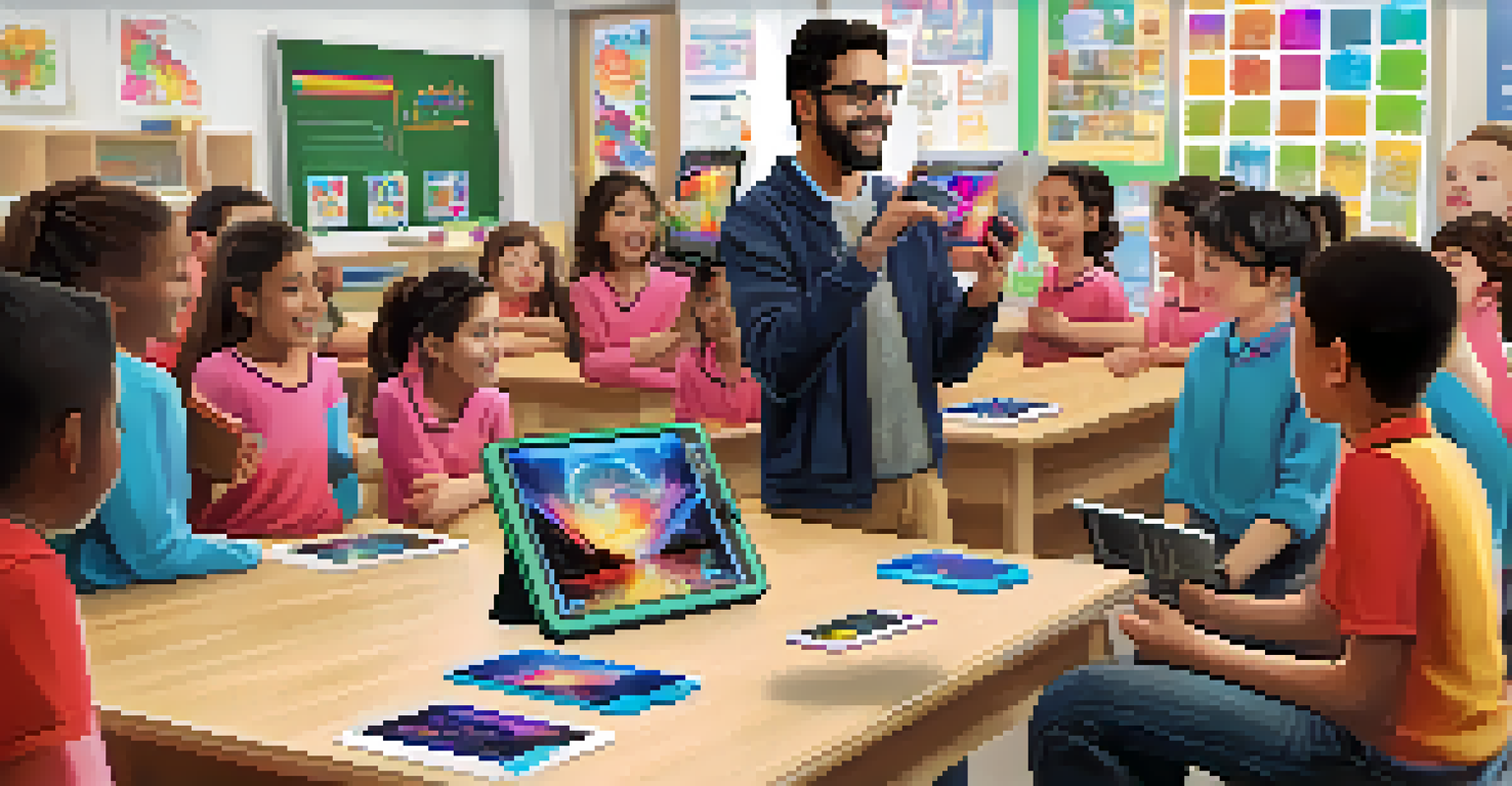 An educator shows an augmented reality tool to a group of eager students in a colorful classroom.