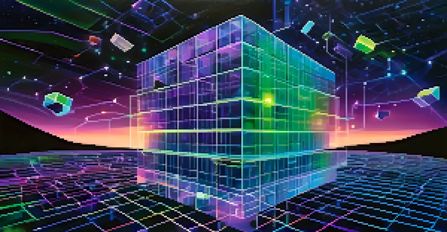 An abstract representation of interconnected blockchain blocks floating in a starry night sky.