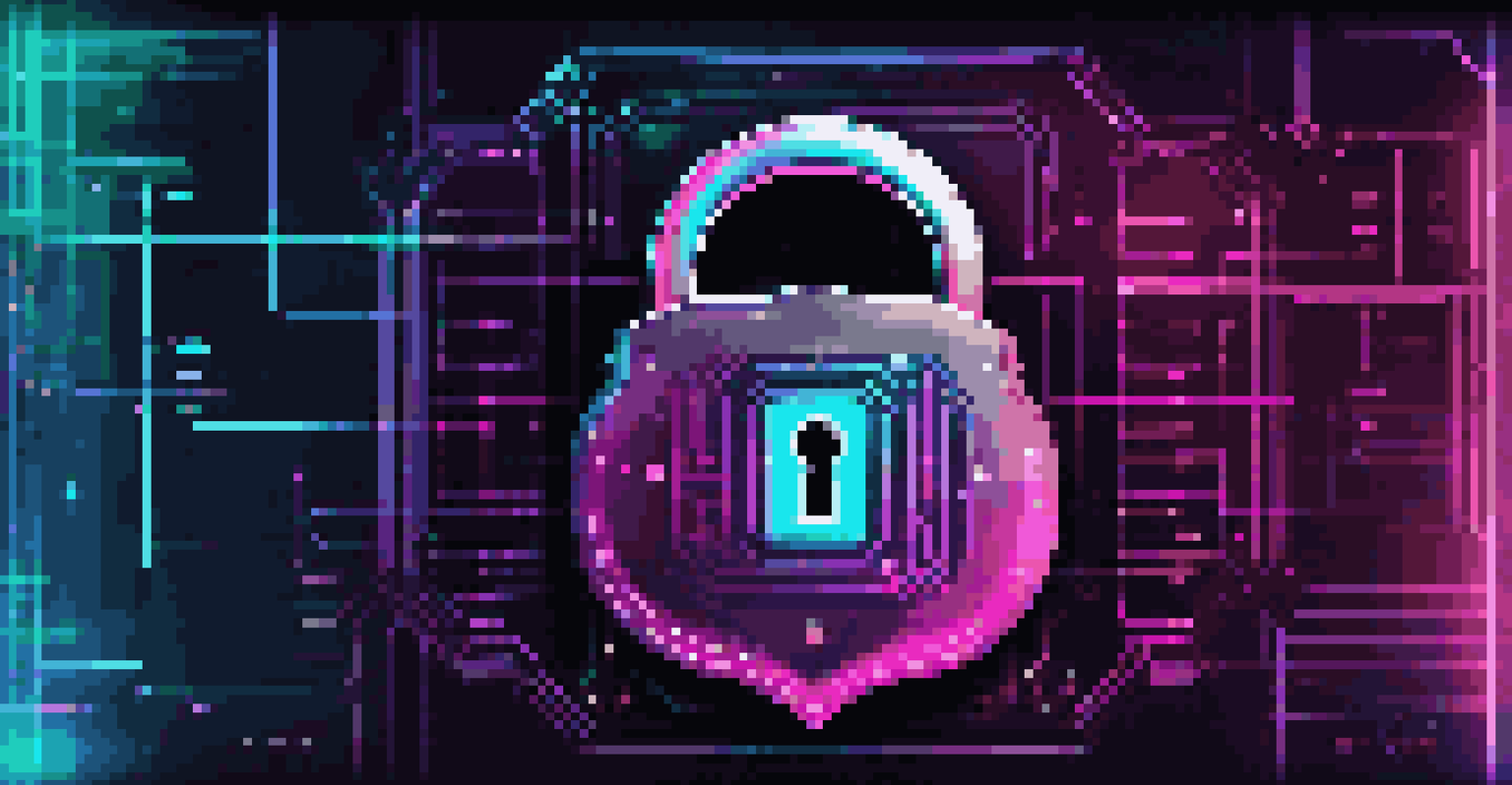 A futuristic digital lock symbolizing advanced data encryption with AI elements in a dark, vibrant background.