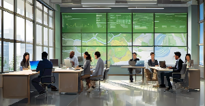 A diverse group of professionals in an office space discussing algorithmic decision-making with laptops and charts visible.
