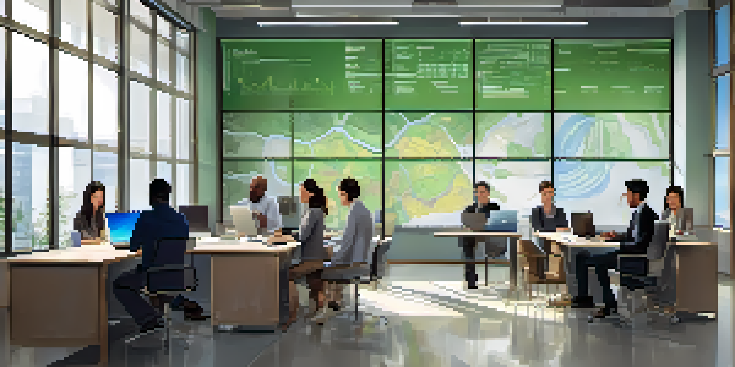 A diverse group of professionals in an office space discussing algorithmic decision-making with laptops and charts visible.