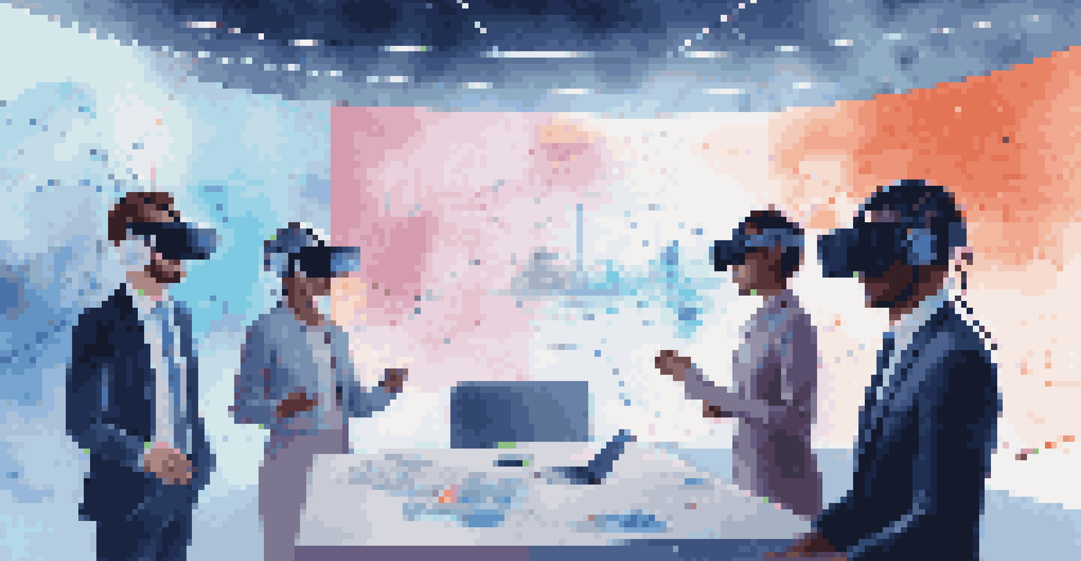 Team members wearing VR headsets in a futuristic setting, interacting with 3D data visualizations.