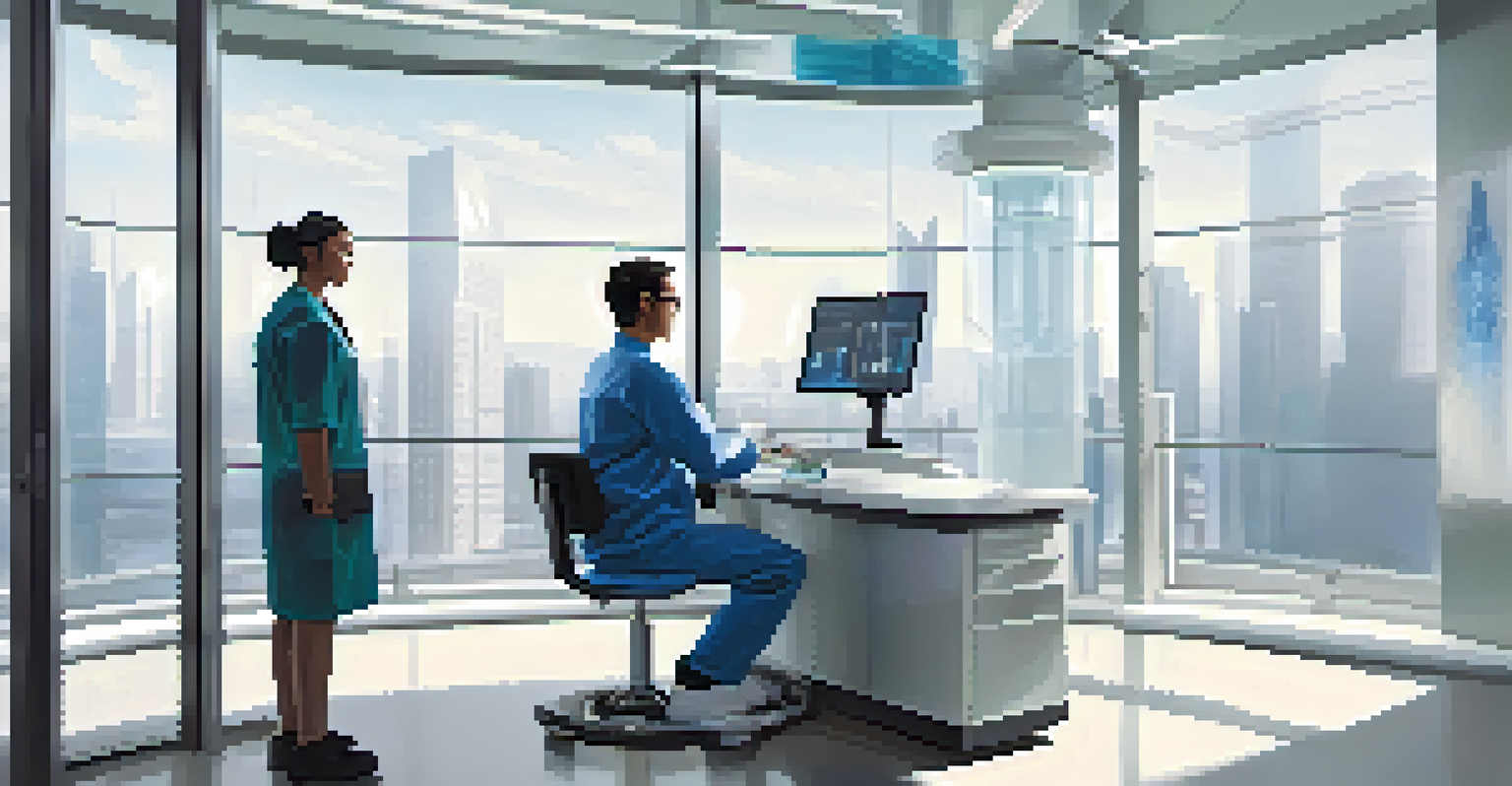 A doctor analyzing genetic data on a tablet while talking to a young patient in a modern healthcare setting.