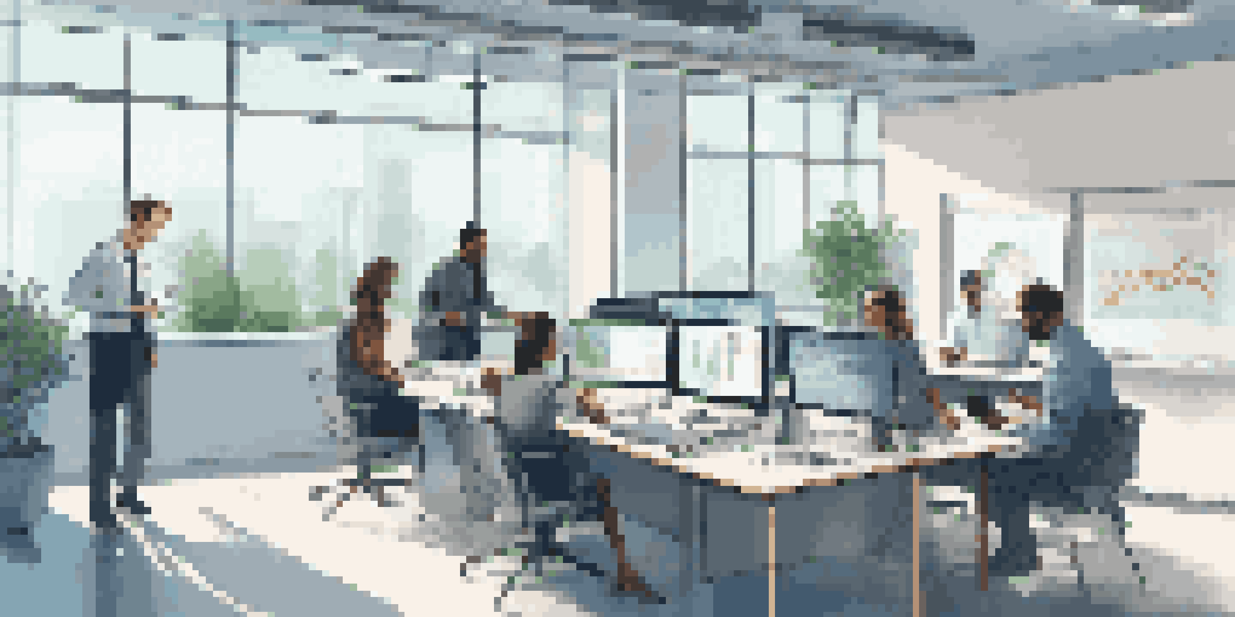 A modern office with a data visualization dashboard on a screen, professionals discussing around a table, and natural light coming through windows.