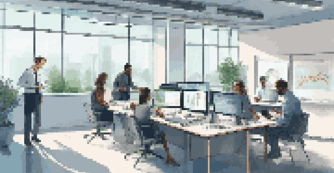 A modern office with a data visualization dashboard on a screen, professionals discussing around a table, and natural light coming through windows.